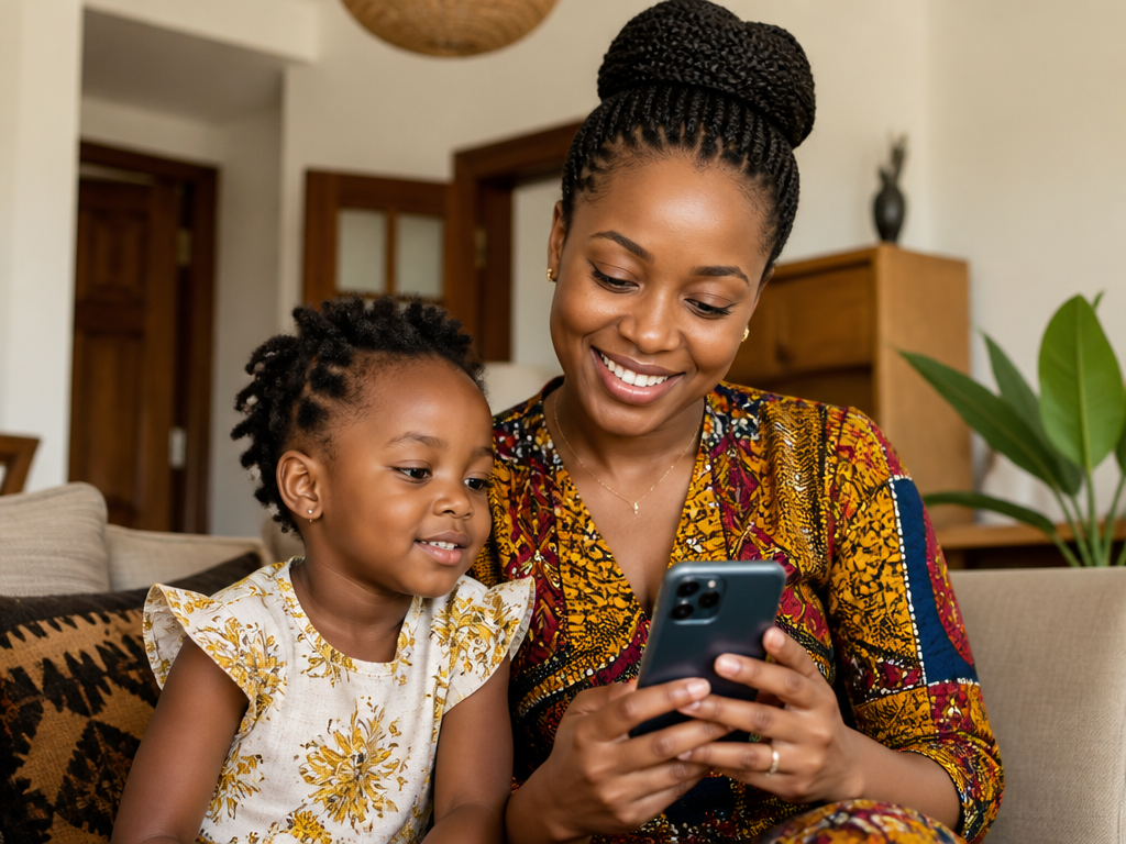 Mère souriante consultant les notes de son enfant sur smartphone avec la suite logicielle de La Casa Del Chico